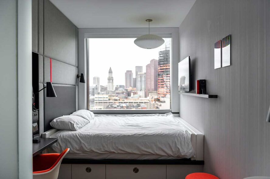Urban bedroom view in a vacation rental business apartment